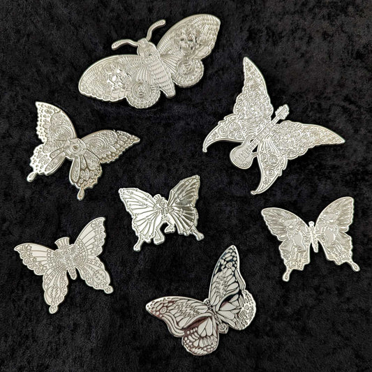 Set of 7 Silver Metal XL Dead Butterfly Pins by Emek